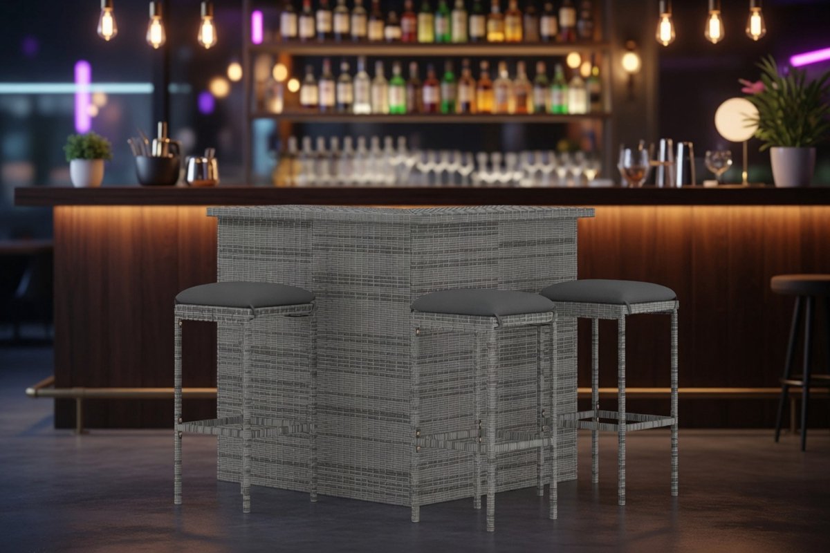 4-Delige Luxe Tuinbarset Grijs Polyrotan met Kussens - Bartafel + 3 Barkrukken - Weerbestendig & Waterdicht - Voor Tuin, Terras & Balkon - Ganeey