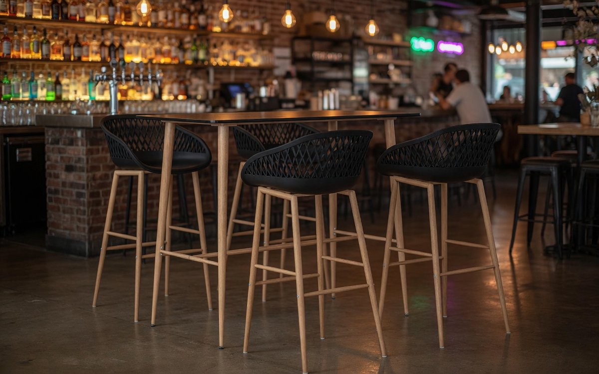 5-Delige Moderne Barset Zwart - Bartafel MDF + 4 Barkrukken PP met Lage Rugleuning - Metaal Frame Houtlook - Voor Woning, Tuin, Bar & Restaurant - Ganeey