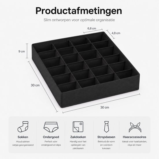 Zwarte organizer met 24 vakken, 30x30x9 cm, ideaal voor sokken, ondergoed, zakdoeken en haaraccessoires.