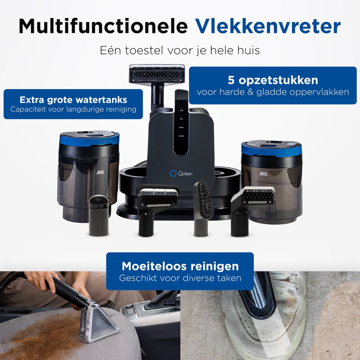 Qclean® Tapijtreiniger PRO - 4-in-1 Vlekkenreiniger Met Stoomfunctie - Zelfreinigend - Tapijtreiniger Stofzuiger- Zetelreiniger Stoomreiniger- Bank reiniger- Reinigingsmachine- Matrasreiniger - Waterstofzuiger - Incl. Schoonmaakmiddel — afbeelding 4