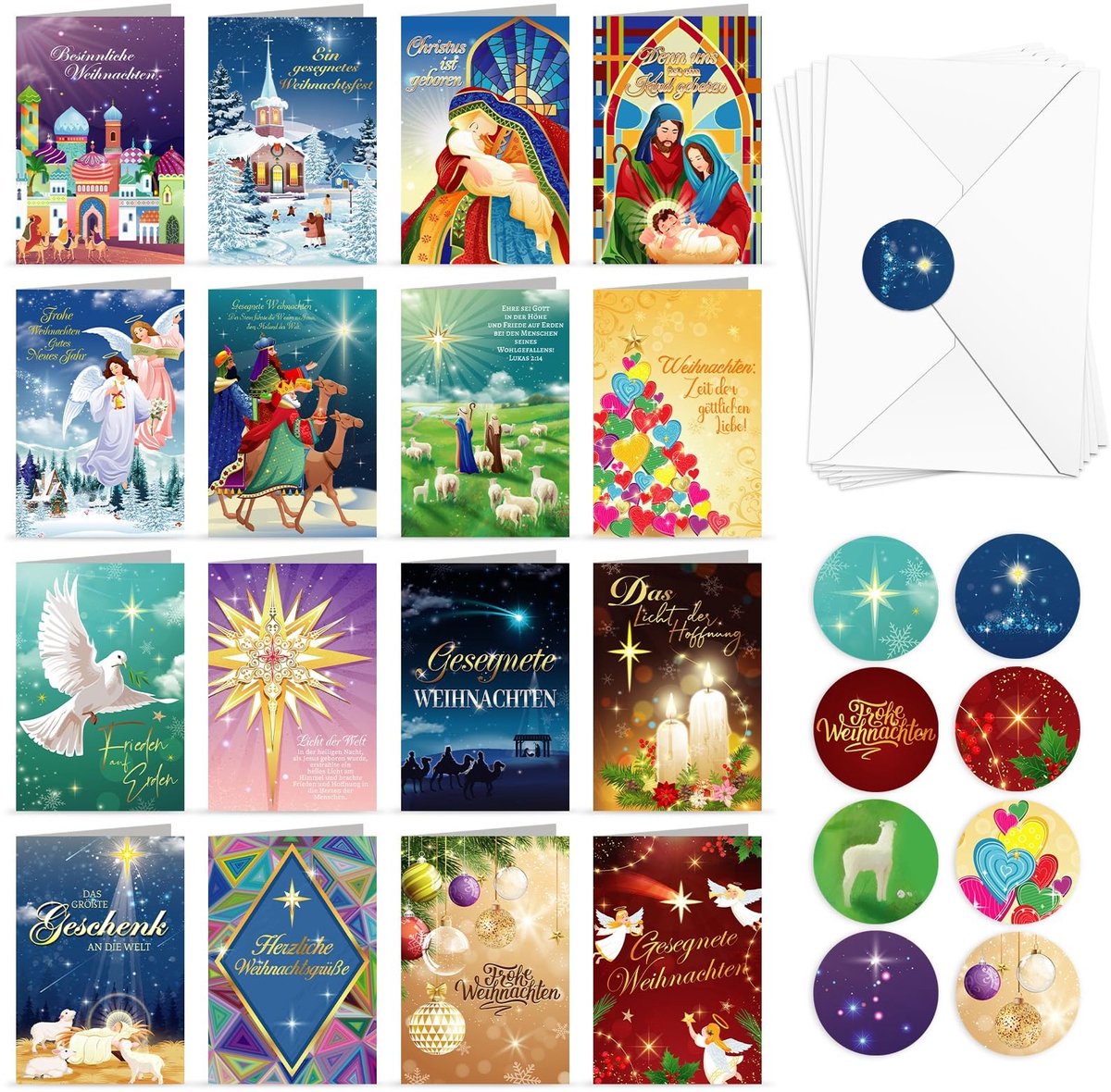 aladdien - Kerstkaarten - Moderne Christelijke Groetkaarten set - Met enveloppen en stickers - Perfect voor kerst - Vrolijke en inspirerende bericht...