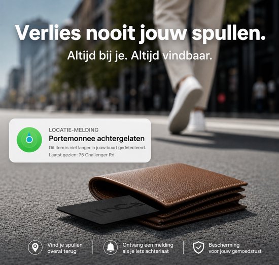 Bruine portemonnee met zwarte InCard tracker op straat, met melding 'Portemonnee achtergelaten'.