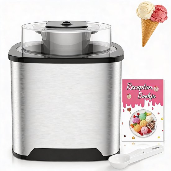 IJsmachine Krachtige 2L Capaciteit Voor Romig Softijs Thuis – IJsmaker Snel en Eenvoudig Zelf IJs, Sorbet en Yoghurt Maken – Softijs Machine Voor Thuis Met Stijlvol RVS Design in Zilver