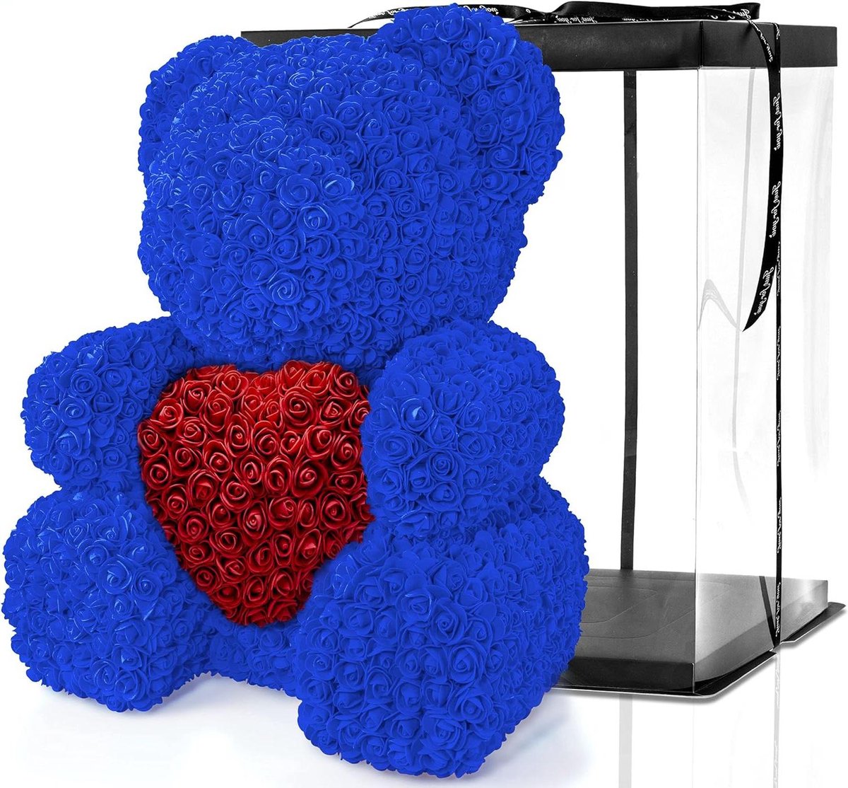 Bloemenbeer Cadeau - Rozenbeer Decoratie - Feestelijke Verrassing - Handgemaakt Duurzaam - 70 cm - Blauw met hart