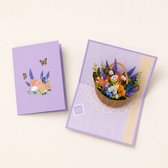 Paperbloom Pop Up Bloemenkaart - 3D Wenskaart met Bloemenmand en Vlinders - Luxe Paarse Kaart voor Verjaardag, Moederdag en Bedankt