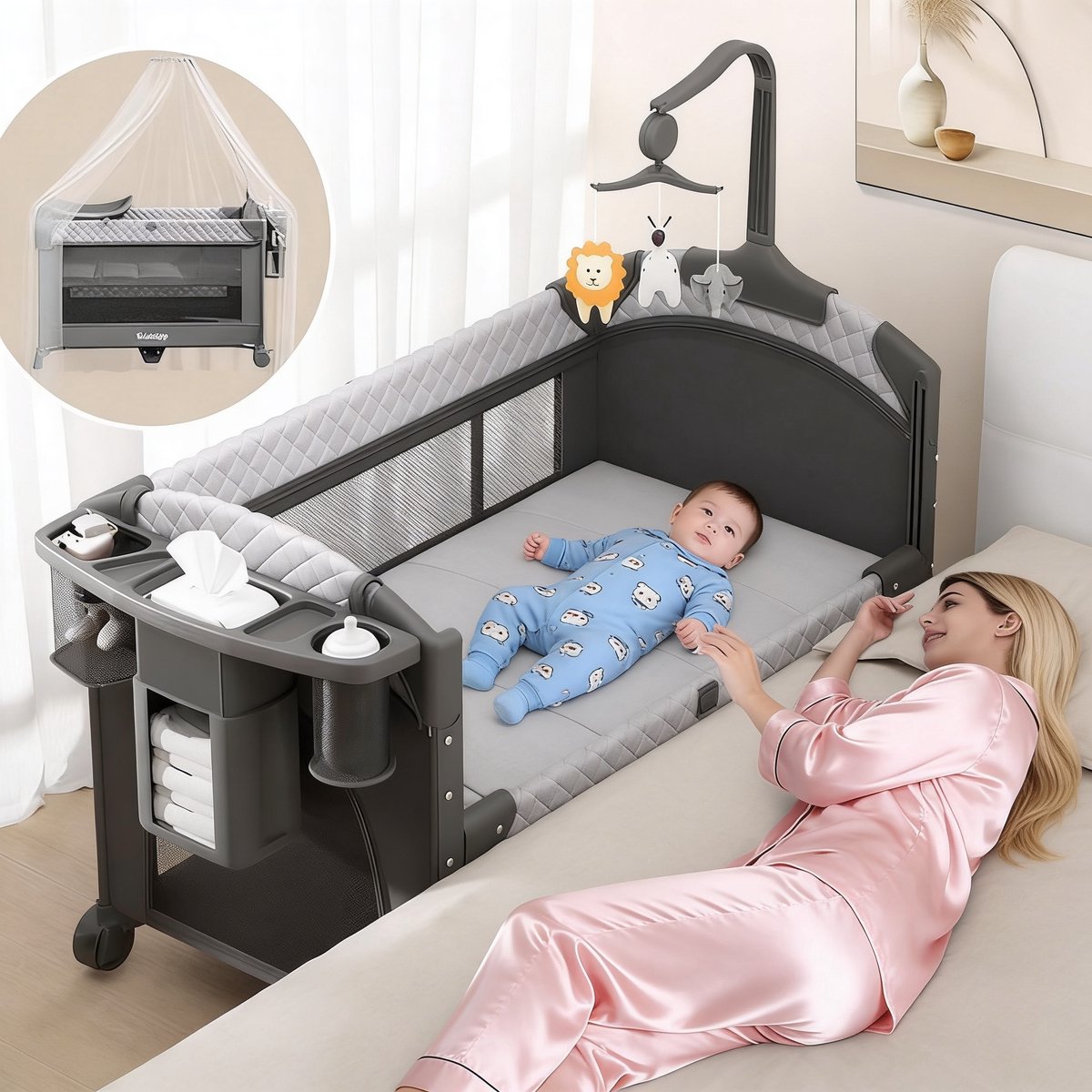 Co-Sleeper Premium Luxe 4-in-1 Slaapoplossing en Maximale Veiligheid – Campingbedje Babybedje Opvouwbaar Met Wielen en Hoogte Verstelbaar – Naadloze Bed-Aansluiting Met Verschoonstation en Speelboog | Incl. Muggennet en Reistas