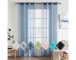 EMEMA Glasgordijn, polyester voilegordijn met ingestanste ringen, transparante vitrage, luchtig, decoratief, voor slaapkamer en woonkamer, set van 2 gordijnen, 140 X 137 cm (b x h), stofblauw