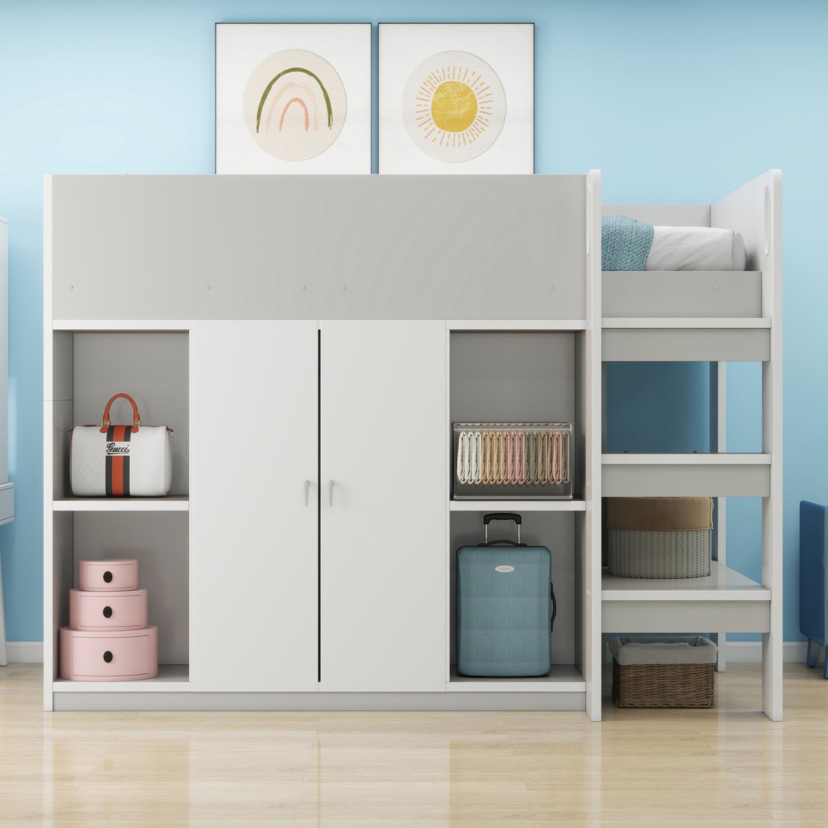 VVBV Multifunctionele Hoogslaper 90x200 met Kledingkast, Planken & Opbergruimte - Kinderbed met Ladder, Hout, Grijs Grey