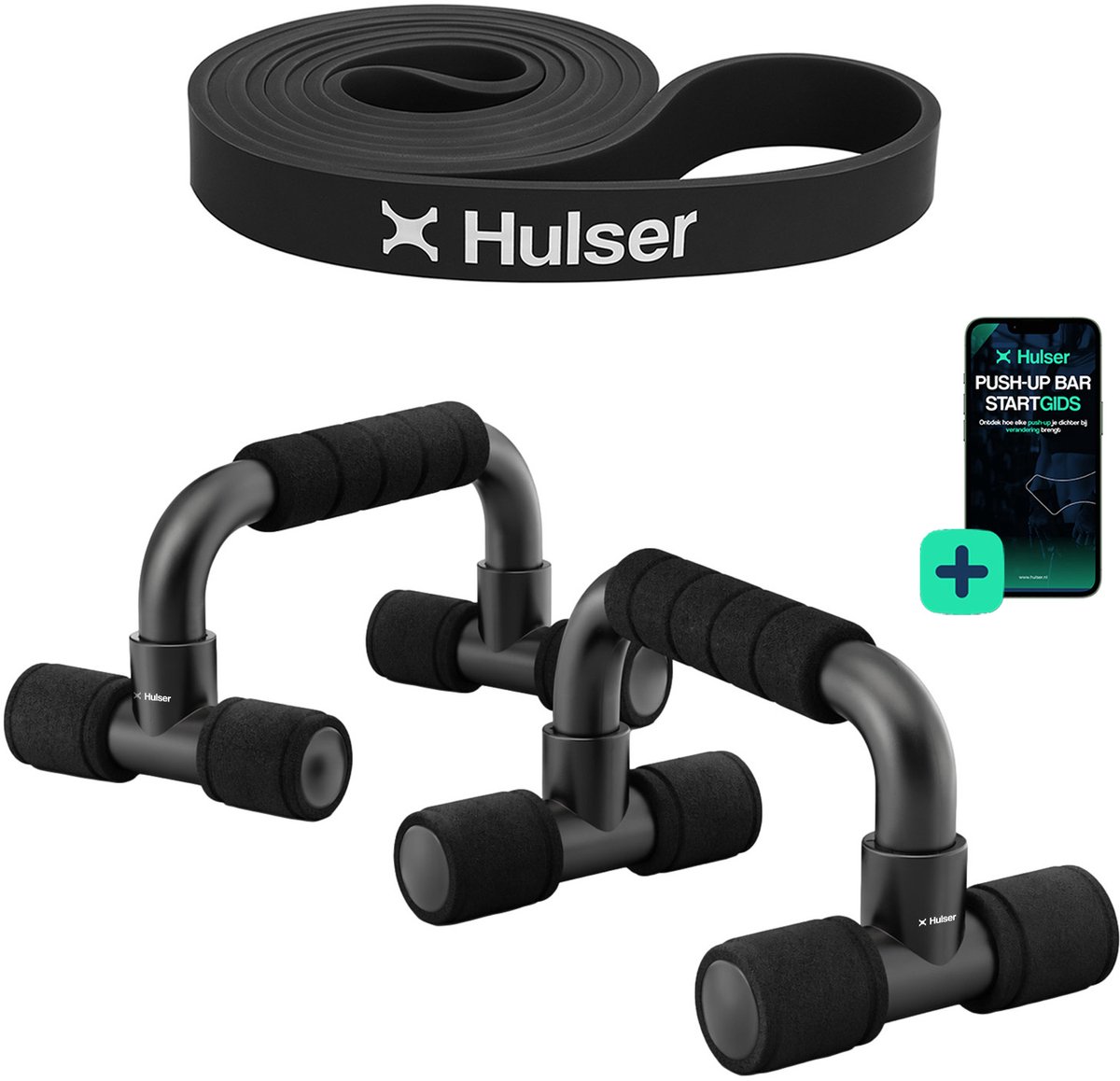 Hulser Sportieve bundel - Opdruksteunen met weerstandsband - Push-up bar met Power band van 11 tot 30 kg - Met startgids - Zwart - Maak push-ups zwaarder of lichter - Grips - Steun - Parallettes bars - Opdrukken - Calisthenics Stretch elastiek