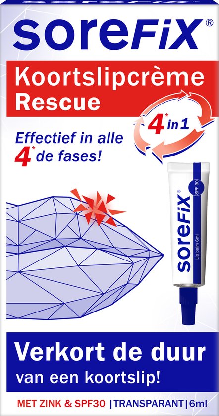 Doosje SoreFix Rescue koortslipcrème met grafische weergave van een lip. Transparant, met zink en SPF 30.