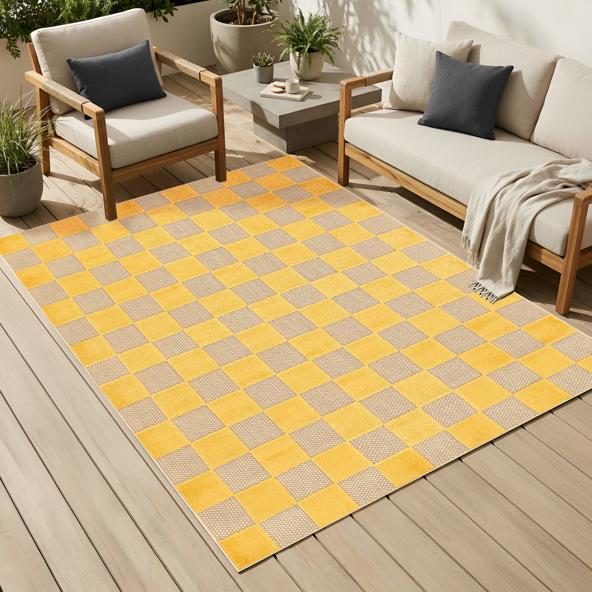 Tapiso Checker Buitenkleed Weerbestendig Buitentapijt Balkon Tuin Terras - Wasbaar UV-bestendig Slijtvast Balkontapijt Indoor Outdoor Tapijt Crème Geel 140x200