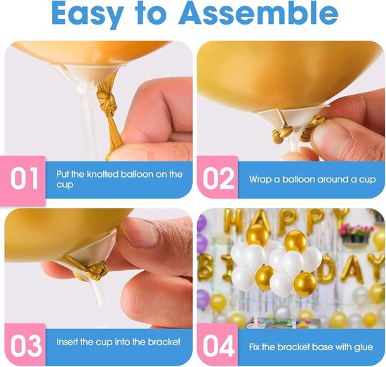 Instructies voor het monteren van de ballonstandaard: 1. Ballonknop op beker plaatsen. 2. Ballon rond beker wikkelen. 3. Beker in houder steken. 4. Basis vastlijmen.