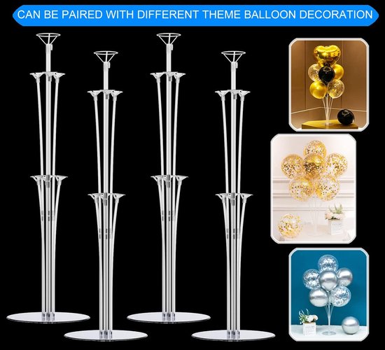 Vier transparante ballonstandaarden op zwarte achtergrond. Rechtsboven: ballonhouder met gouden en zwarte ballonnen. Midden: ballonhouder met gouden ballonnen. Rechtsonder: ballonhouder met zilveren ballonnen.