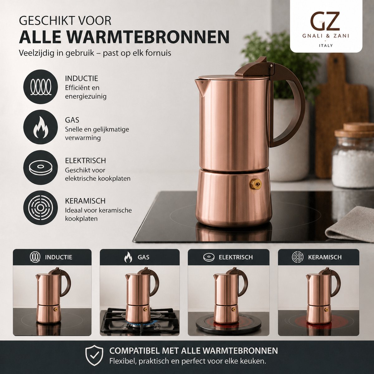 Gnali & Zani Chicca – Espresso Zonder Capsules – Cadeau voor Koffieliefhebber – Elegante Espressomachine die Mooi Staat in de Keuken – 3 Kopjes – Inductie Geschikt – Rose Goud RVS