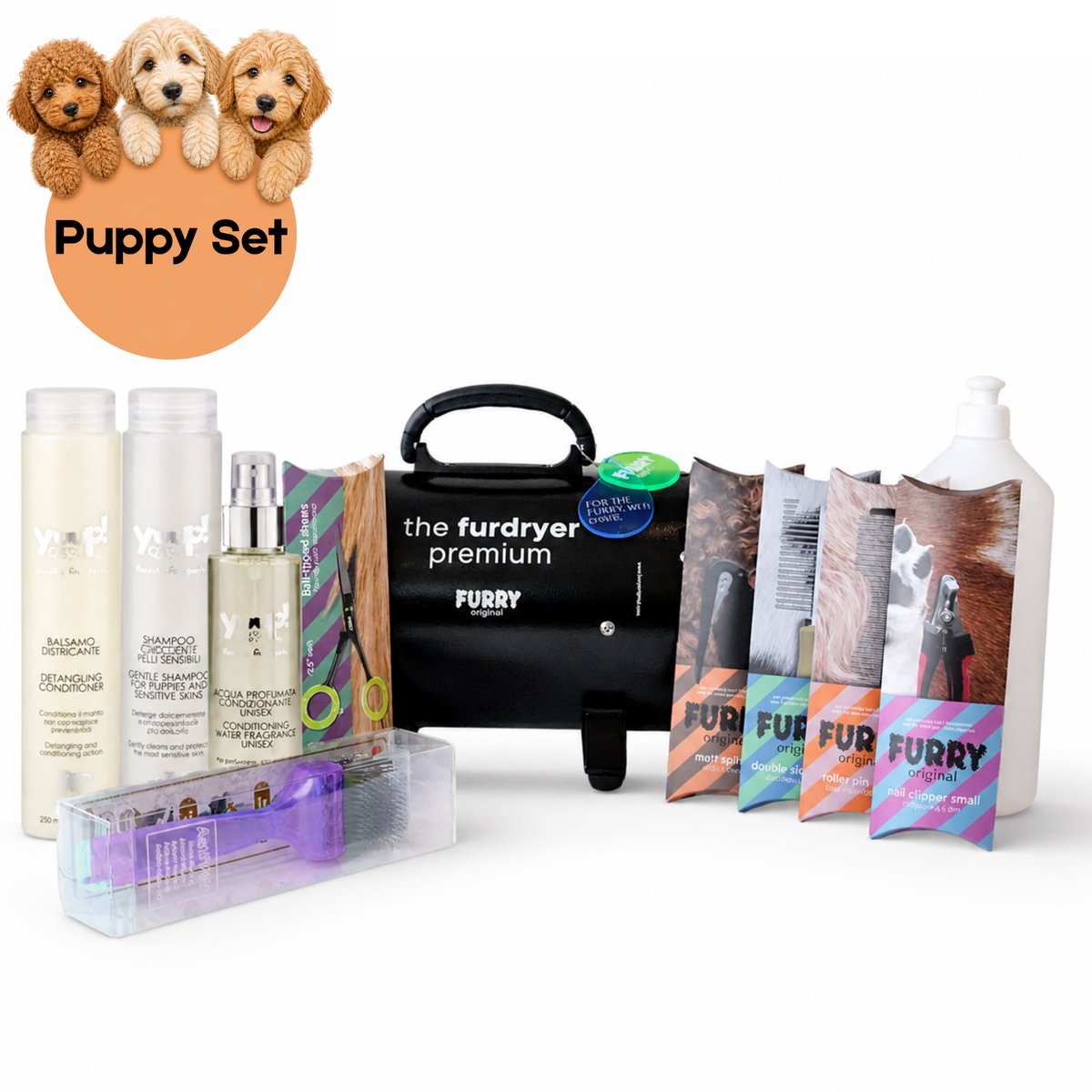 Furry Original® Verzorgingsset voor Puppy - Waterblazer & Hondenfohn met Geluidsdemper - Yuup! Honden Shampoo, Conditioner & Spray Parfum Conditioner + Mengfles - Activet Borstel Paars - Ogen & Potenschaar, 2 Kammen, Nageltang en Ontklitmesje Hond