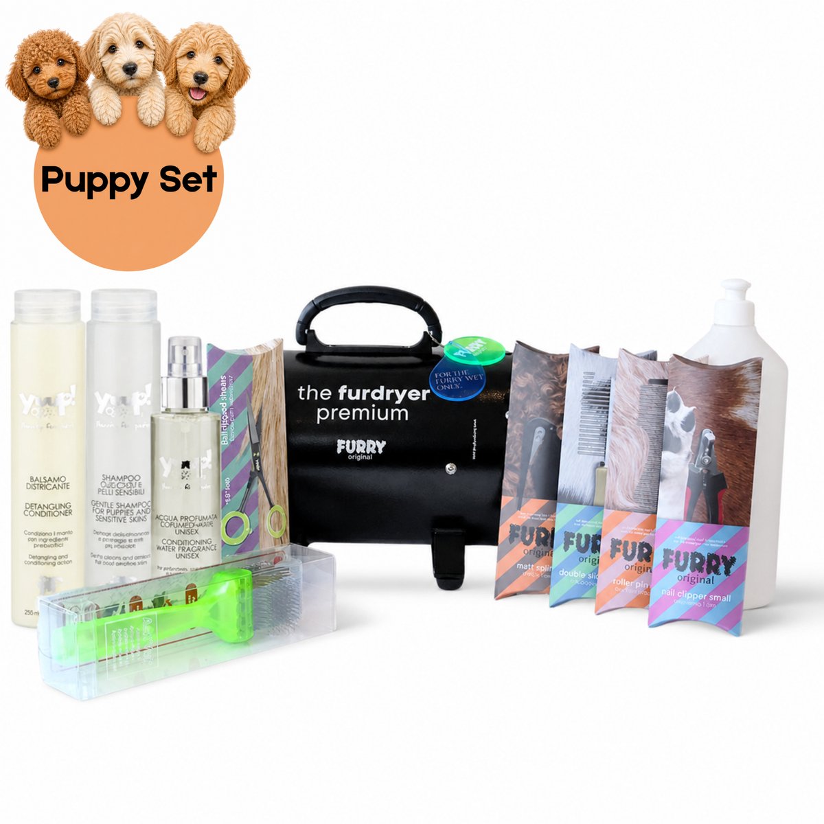 Furry Original® Verzorgingsset voor Puppy - Waterblazer & Hondenfohn met Geluidsdemper - Yuup! Honden Shampoo, Conditioner & Spray Parfum Conditioner + Mengfles - Activet Borstel - Ogen & Potenschaar, 2 Kammen, Nageltang en Ontklitmesje Hond