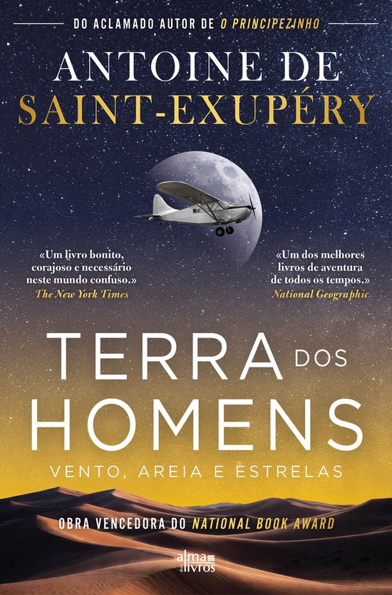Boekomslag van "Terra dos Homens" met een vliegtuigje tegen een nachtelijke hemel met sterren en de maan. De woestijn is zichtbaar aan de onderkant.