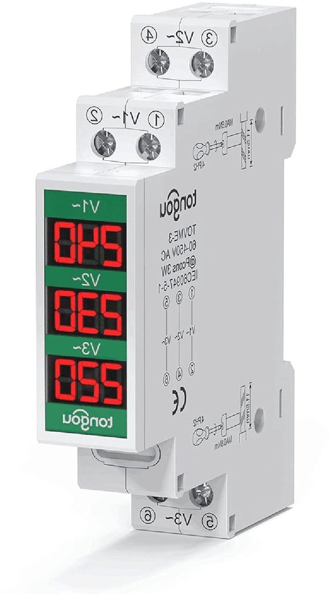 Driefasige Spanningsmeter - Modulaire Voltmeter - Industrieel Gebruik - Vlamvertragend Materiaal - 60-450V - Grijs