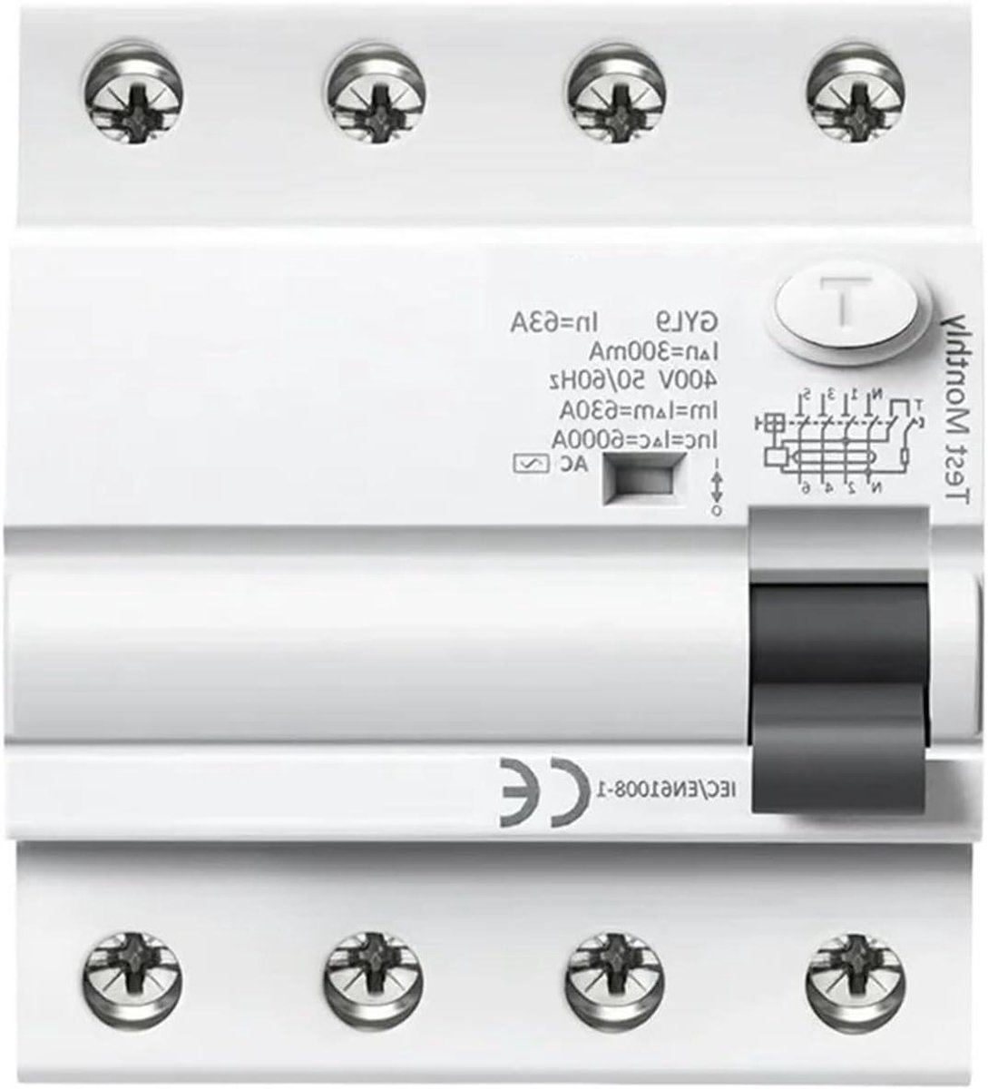 Aardlekschakelaar - Differentieelschakelaar - Veiligheid Elektrische Installatie - 4 Polen 6KA - 63A 300mA - Grijs