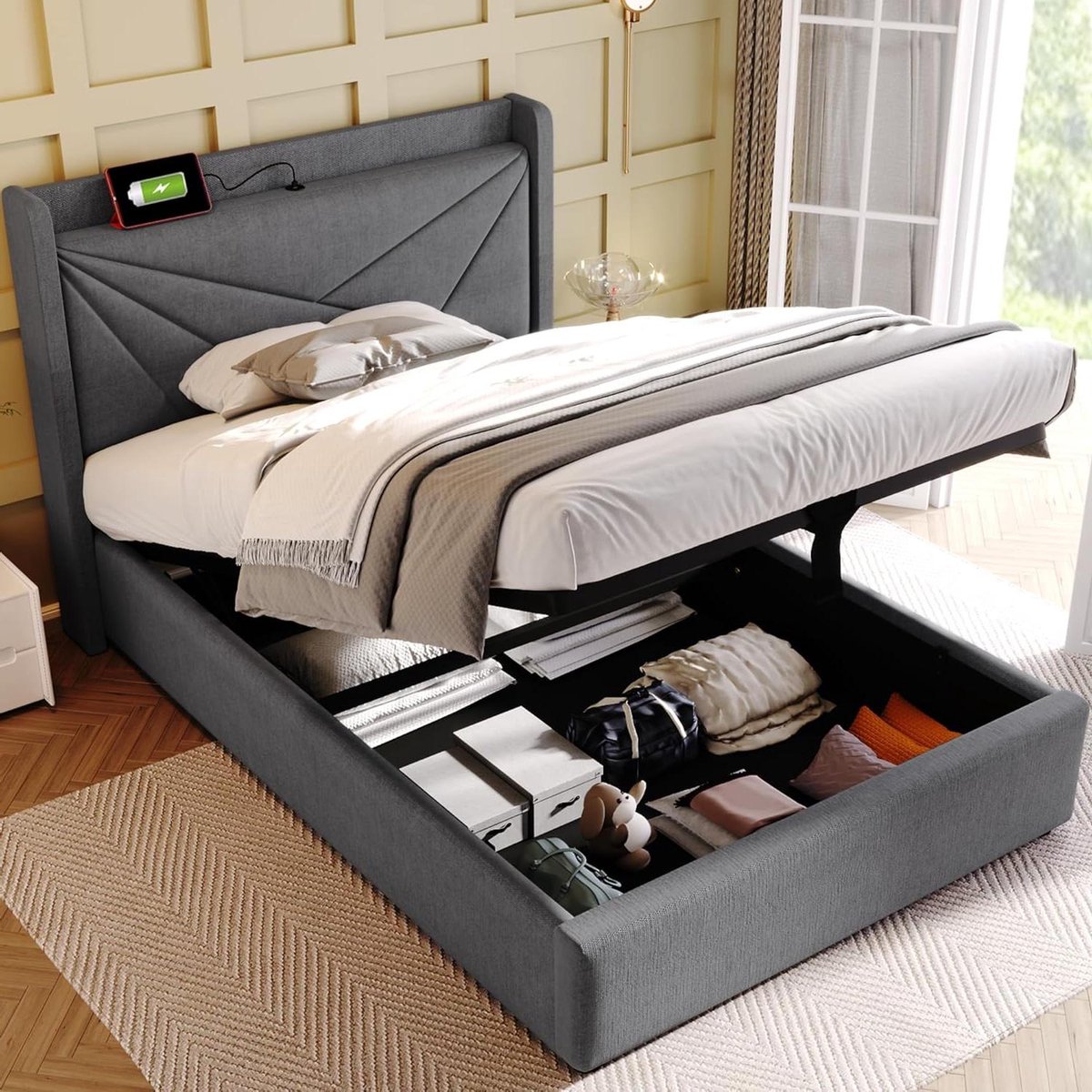 Gestoffeerd bed - Eenpersoonsbed met lade - Opbergen en slapen - Geometrisch hoofdeinde - 90x200 cm - Grijs