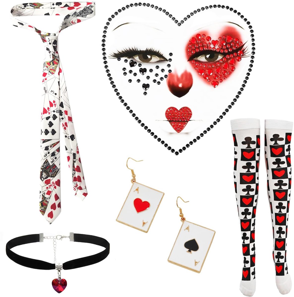 ONF3 - Playing Cards Costume - Carnaval Kostuum - 7-delige Set - Rood, Wit, Zwart - Feestelijke Outfit - Geschikt voor Volwassenen - One Size