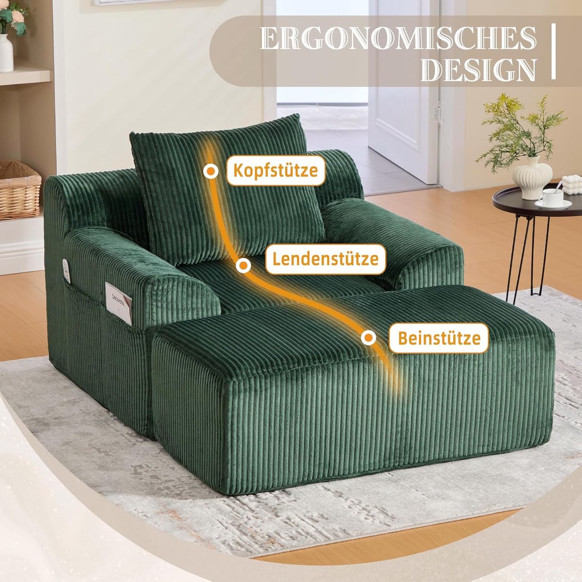 Luxe Corduroy Slaapstoel met Voetenbank, 147 x 110 x 67 cm, Modulaire Lounge Fauteuil met Zijvakken, Kussens en Verstelbare Ottomane, 2-Persoons Boneless Sofa voor Woonkamer en Slaapkamer – Groen