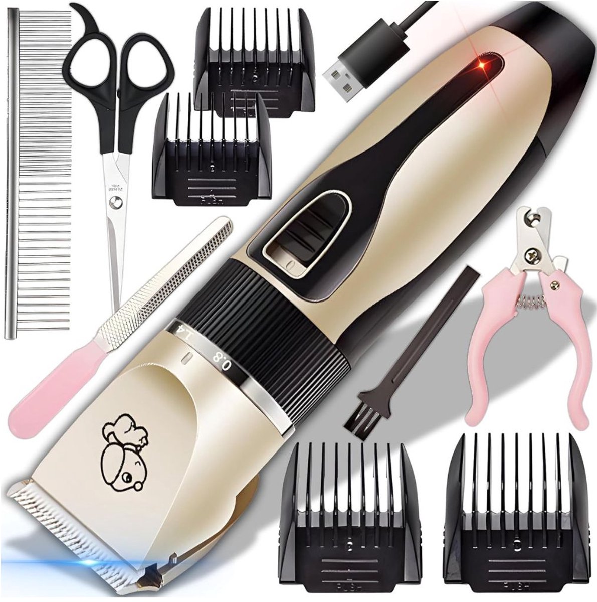 TopChoice® Hondentondeuse - Hondentrimmer - Scheerapparaat voor Honden en Katten - 4 Opzetstukken - Goud
