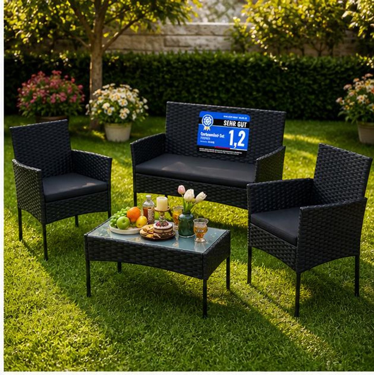 Balkonset Tuinmeubelen – Polyrattan Lounge Set met Tafel en Kussens, Zwart/Taupe Tuinset voor Balkon, Terras en Tuin Weerbestendig – Dader