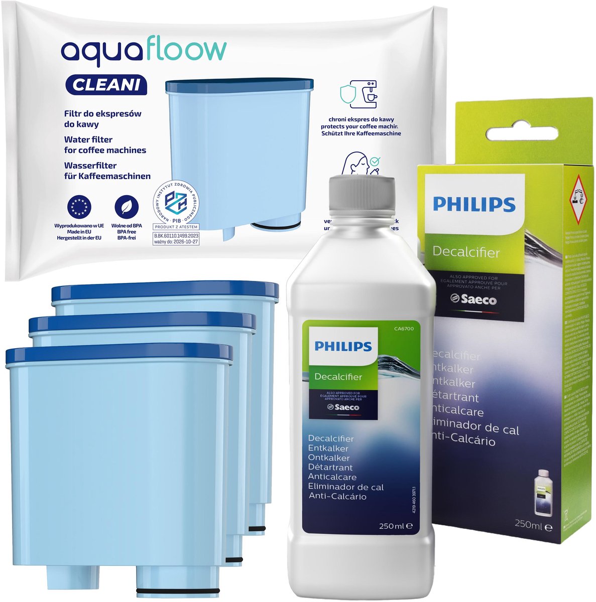 Aquafloow / Philips Onderhoudsset voor Koffiemachines Philips Saeco - Ontkalker 250ml CA6700 + 3x AquaFloow Cleani Waterfilter