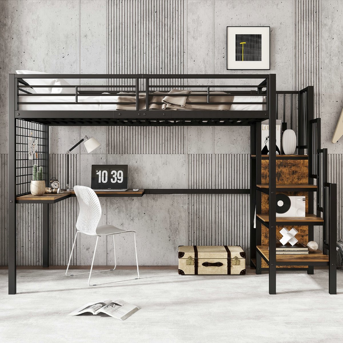 VVBV Stapelbed 90x200 – Hout – Zwart – Voor Kinderen en Tieners – Stapelbed met Kast – Opbergruimte – Zonder Matras – Kledingkast – Kinderstapelbed