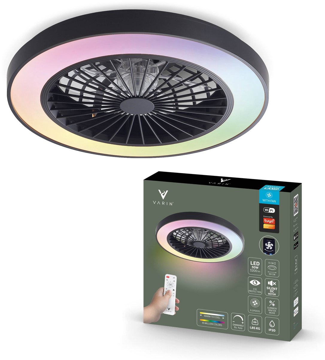 Varin® Plafondventilator met verlichting - Zwart - Tuya Wifi - LED 30W RGBW - Ø 50cm - Super stil - Afstandsbediening smart lamp - Plafondlamp slaapkamer - Plafonniere woonkamer - Plafondlampen - Plafond lamp - Verlichting kinderkamer - Ventilator