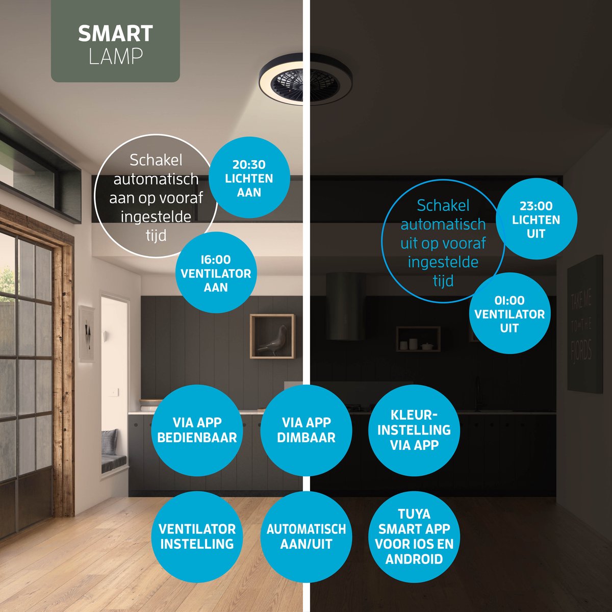 Varin® Plafondventilator met verlichting - Zwart - Tuya Wifi - LED 30W RGBW - Ø 50cm - Super stil - Afstandsbediening smart lamp - Plafondlamp slaapkamer - Plafonniere woonkamer - Plafondlampen - Plafond lamp - Verlichting kinderkamer - Ventilator thumbnail 3
