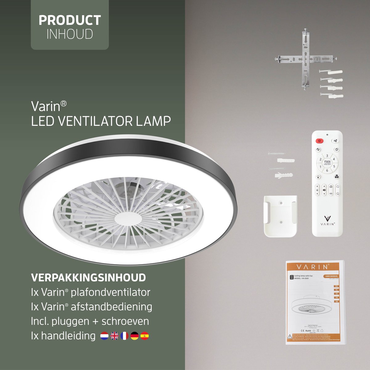 Varin® Plafondventilator met verlichting - Zwart - Tuya Wifi - LED 30W RGBW - Ø 50cm - Super stil - Afstandsbediening smart lamp - Plafondlamp slaapkamer - Plafonniere woonkamer - Plafondlampen - Plafond lamp - Verlichting kinderkamer - Ventilator thumbnail 7