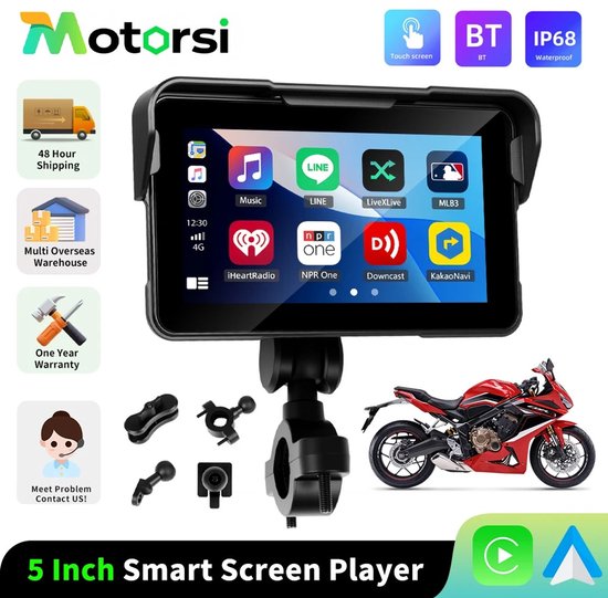 5 Inch Smart Screen Player met Bluetooth en IP68 waterdicht, naast een rode motorfiets.