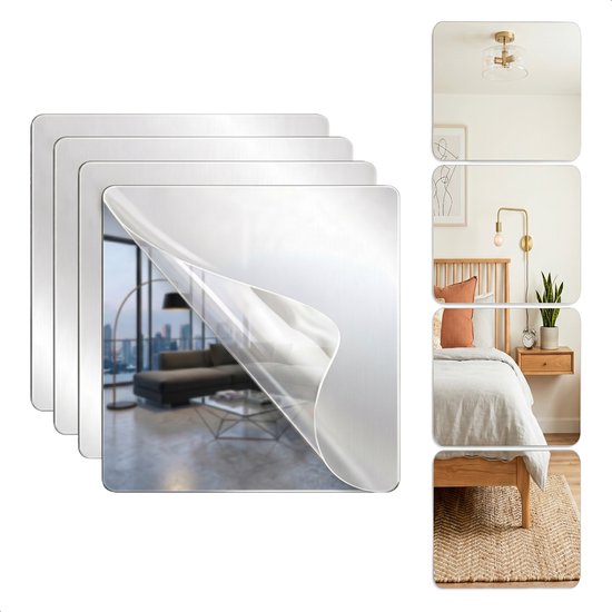 XL plakspiegel 40x40 - 4 stuks - Zelfklevende - Plakspiegels - Hollywood make up spiegel - Deur - Spiegel - Folie - Badkamer - Grote - Sticker - Pas - Wand - Spiegel
