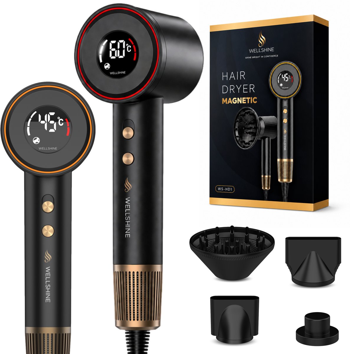 Wellshine Fohn met Diffuser - Hairdryer - Haarföhn - Reisföhn - Haarföhn met Diffuser - Airstyler - Ionische Haardroger met Borstel