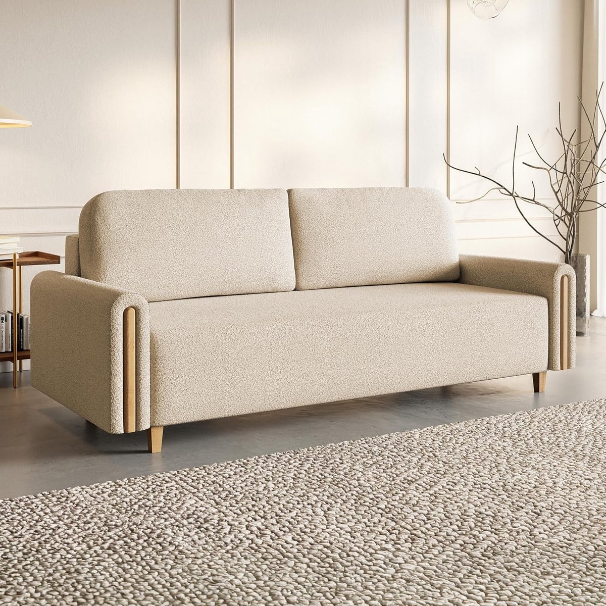 Moderne 3-Zits Slaapbank met Bedfunctie en Opbergruimte 236 x 97 x 93 cm Bouclé Bank 150 x 200 cm Slaapoppervlak Crème Beige