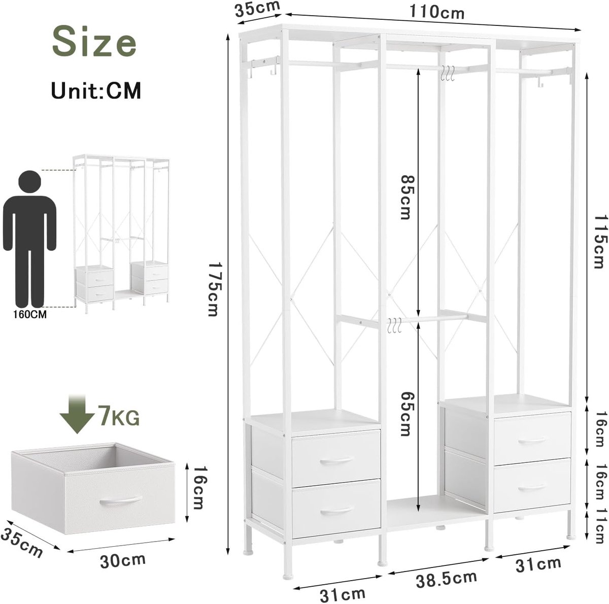 SaqibR Kledingrek Arqam 110x175x35 cm – Open Kledingkast met 4 Lades & 3 Hangrails – Stalen Garderoberek met Plank en Haken – Ruimtebesparend Kledingrek Slaapkamer – Wit Modern Design