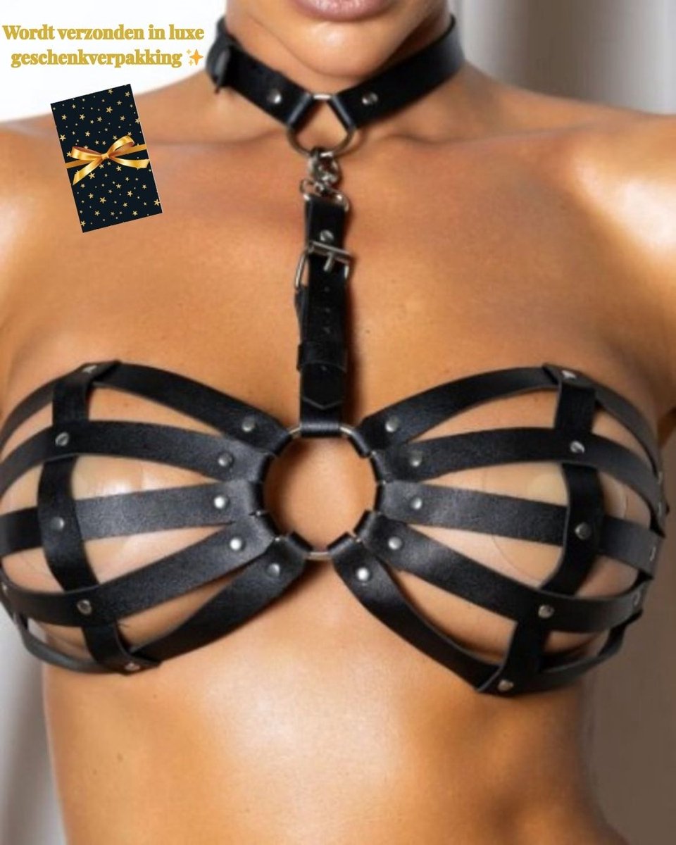 Caged Desire – Erotische Lingerie voor Dames – Lingerie Erotisch – Sexy Lingerie – Erotische BH met Halsband – Sexy PU-Leren Lingerie Harnas voor Dames – Fetish & Kinky Accessoire – BDSM & Clubwear – One Size – Dare to Undress