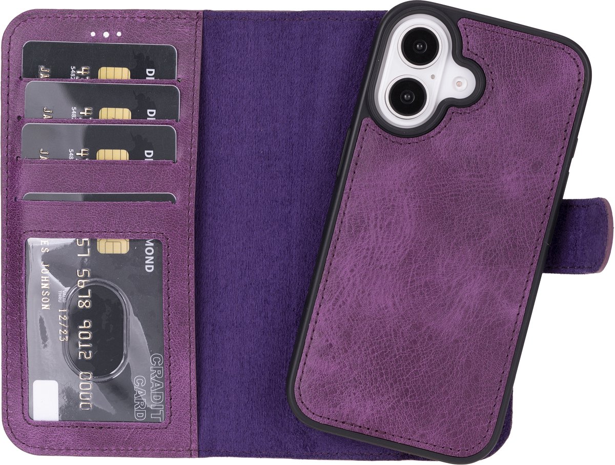 Lykke Leren Hoesje met Pasjeshouder voor iPhone 16 – Handgemaakt Echt Leer – MagSafe Hoesje- Paars