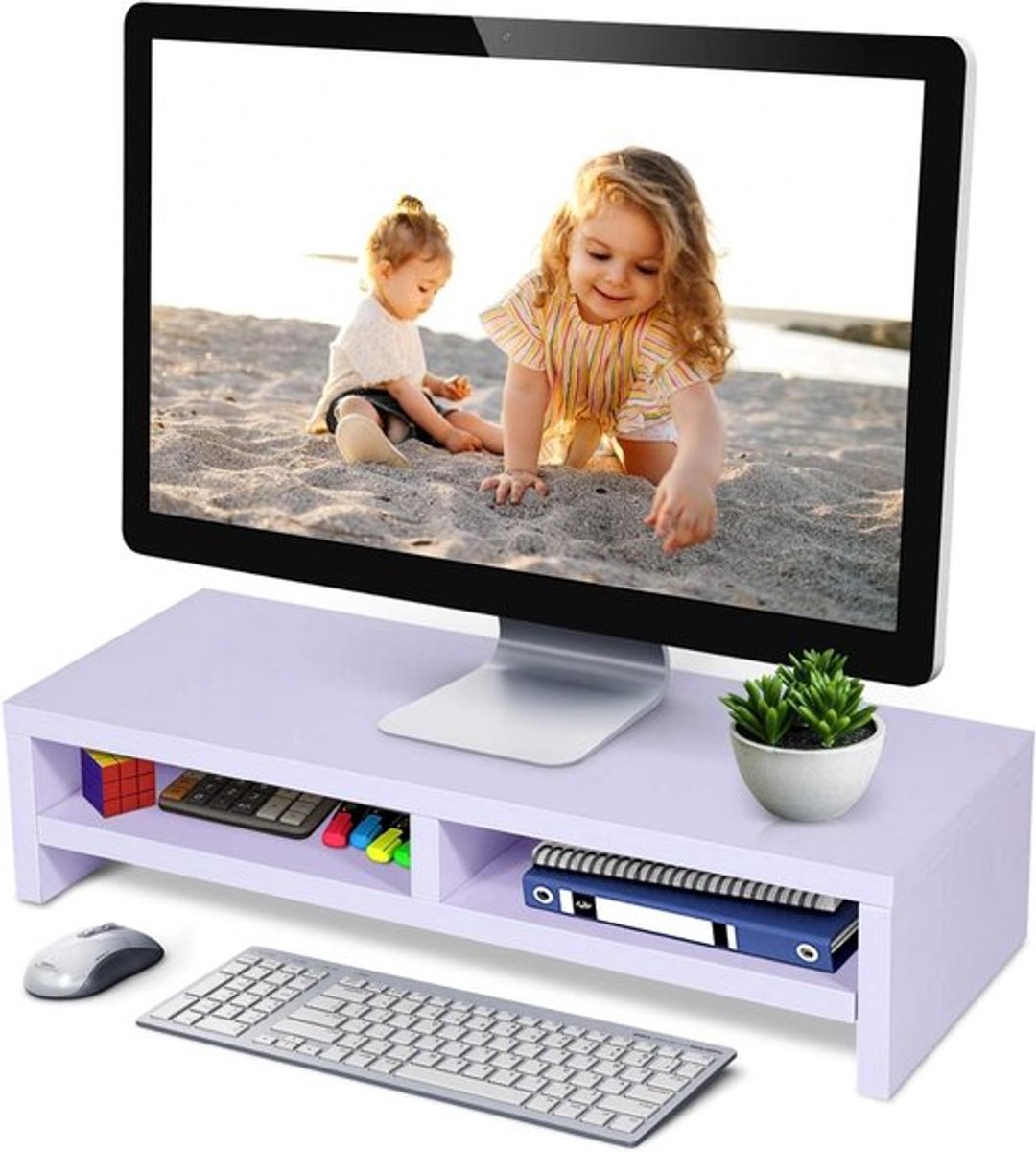 Monitor Riser Stand van Hout met 2 Tiers en 3 Opslagvakken, Grote Monitor Stand van Massief Hout, Antislip en Stabiel, Geschikt voor PC, Laptop en Notebook