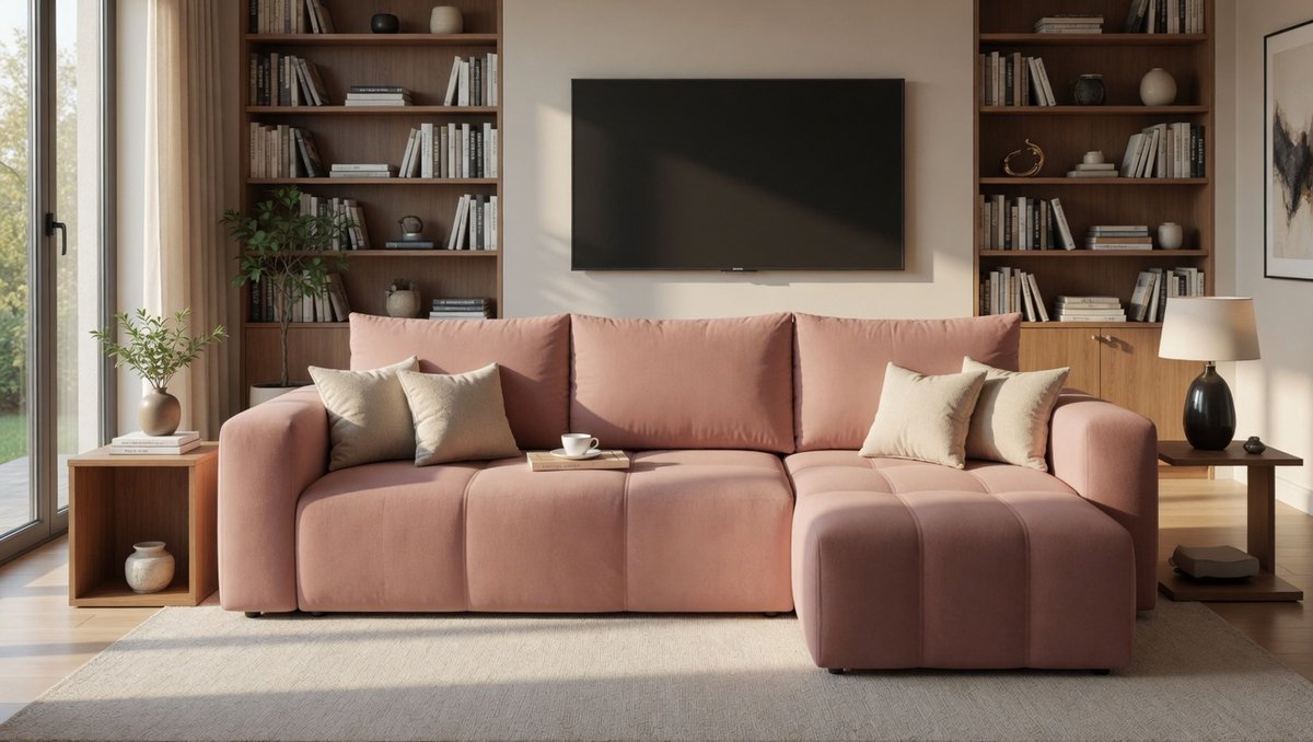 Hoekbank met Slaapfunctie en Bedlade – Arqam GlamourDream L-vorm Slaapbank 3-Zits Uitklapbaar – Modern Glamour Design Links/Rechts – Roze – 248x145 cm – Luxe Velvet Bankbed