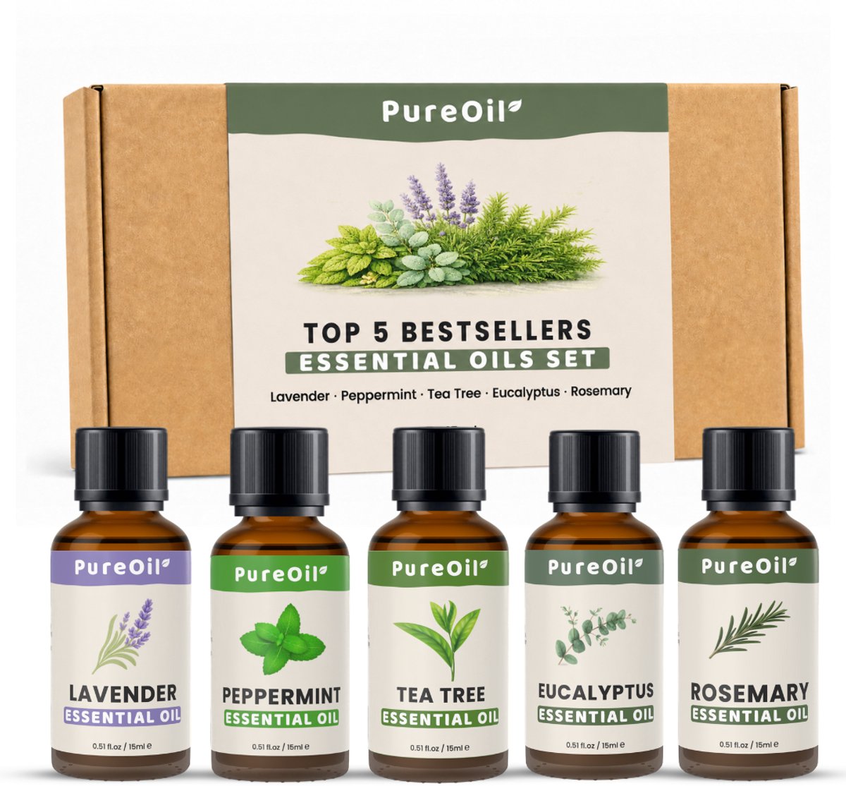 PureOil – Etherische Olie Set– 5 delig – Lavendel Olie - Pepermunt Olie - Tea Tree Olie - Eucalyptus Olie - Rozemarijn Olie - 100% Puur, Natuurlijk & Vegan – Voor Haar | Huid | Gezicht | Scalp | Diffuser | Aromatherapie - 5 x 15ml