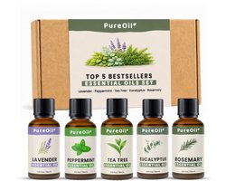 PureOil – Etherische Olie Set– 5 delig – Lavendel Olie - Pepermunt Olie - Tea Tree Olie - Eucalyptus Olie - Rozemarijn Olie - 100% Puur, Natuurlijk & Vegan – Voor Haar | Huid | Gezicht | Scalp | Diffuser | Aromatherapie - 5 x 15ml