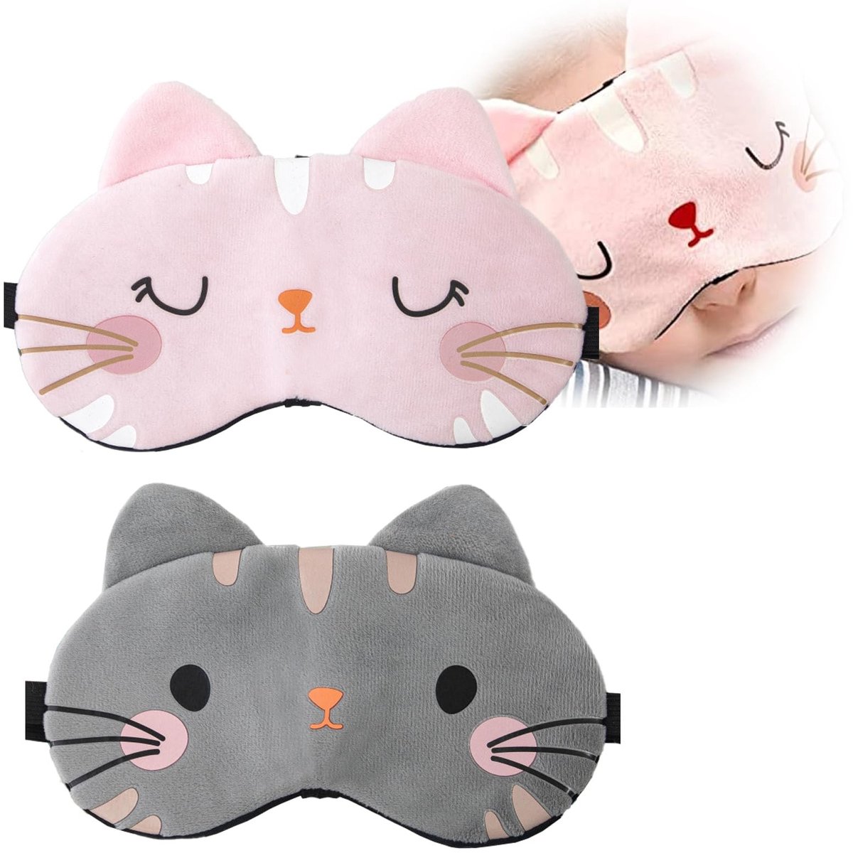 SVGCommerce - Kinder Slaapmasker - Cartoon Kat - Zacht en Comfortabel - Roze en Grijs - Reis Slaapmasker - Ideaal voor Kinderen