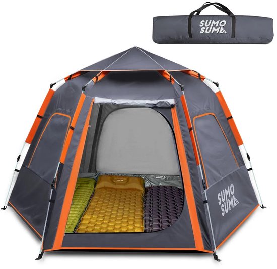 Grijze pop-up tent met oranje accenten, twee matrassen binnen, met draagtas.