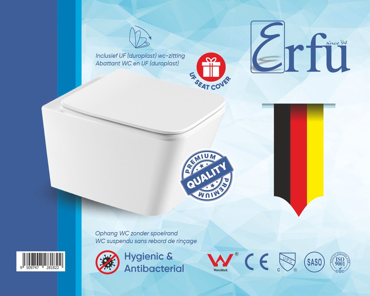 ERFU Hangend toilet zonder bidetfunctie – inclusief softclose wc-bril vierkant design, hoogwaardig keramiek