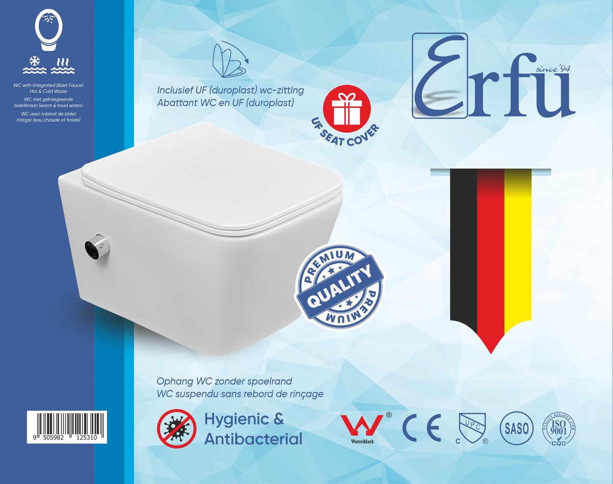 ERFU Hangend toilet met bidetfunctie warm koud – inclusief softclose wc-bril en ultradunne deksel – vierkant design, keramiek van hoge kwaliteit