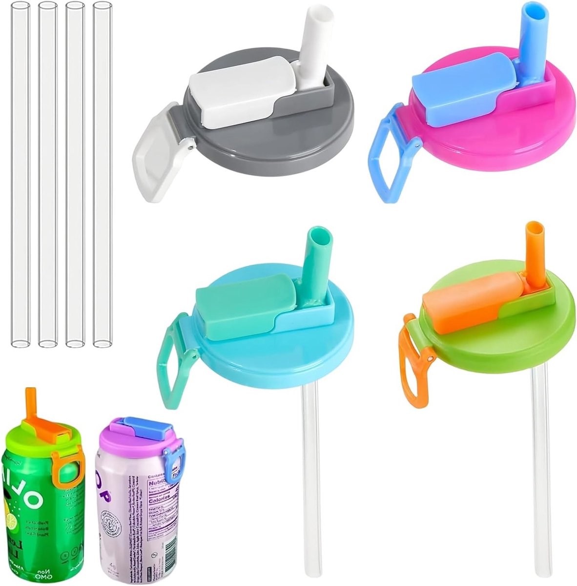 Herbruikbare Drinkdeksels met Rietje, 4 Stuks, Geschikt voor Blikjes, Bier en Sap, Perfect voor Feestjes
