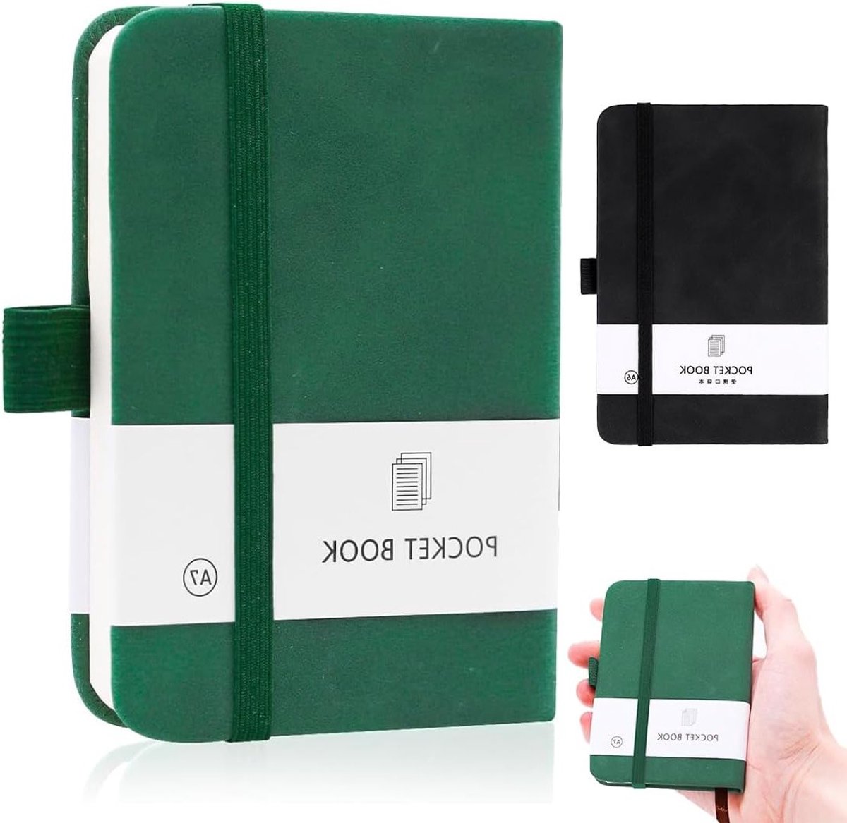 Set van 2 A7 Notitieboekjes, Compact Pocket Notitieboek met Elastische Sluiting en Penhouder, Mini Notitieboek met 200 Pagina's voor School en Werk, Zwart en Donkergroen. Perfect voor Notities, Plannen en Creatieve Ideeën.